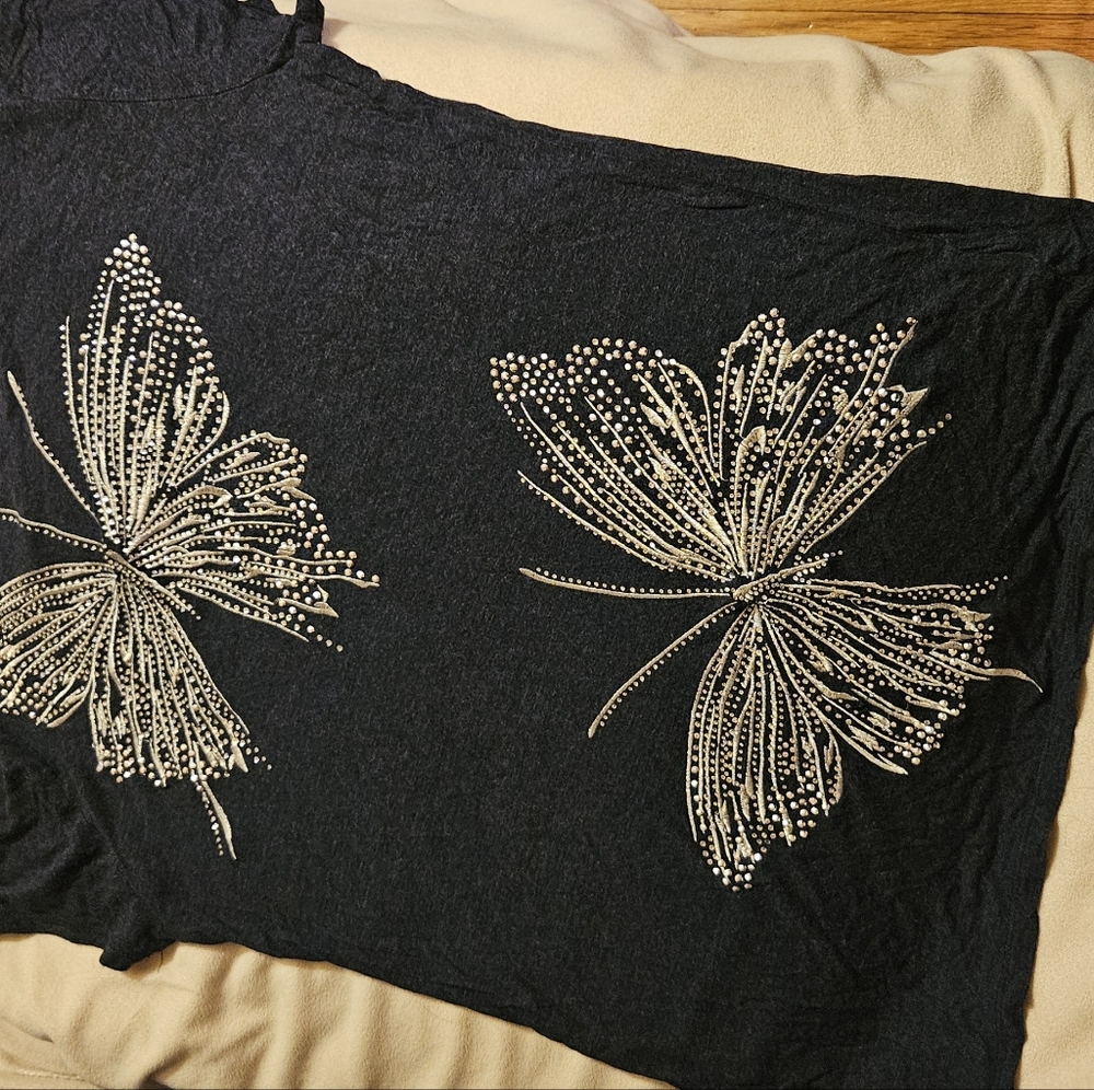 Navy blue Top with beaded Butterfly Design..size M by INC